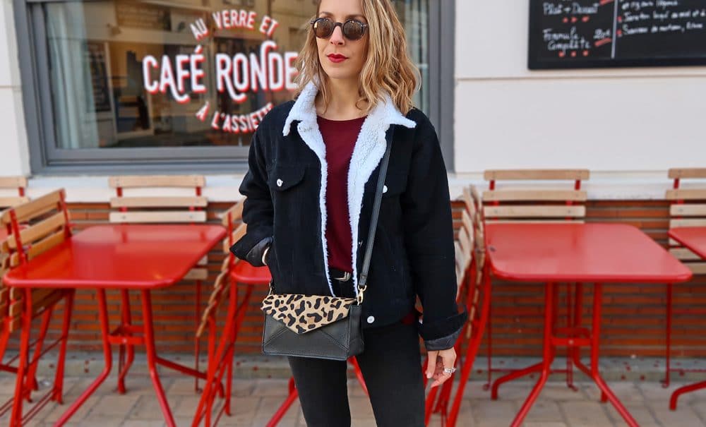 veste denim velours noir shein col fausse fourrure sac leopard