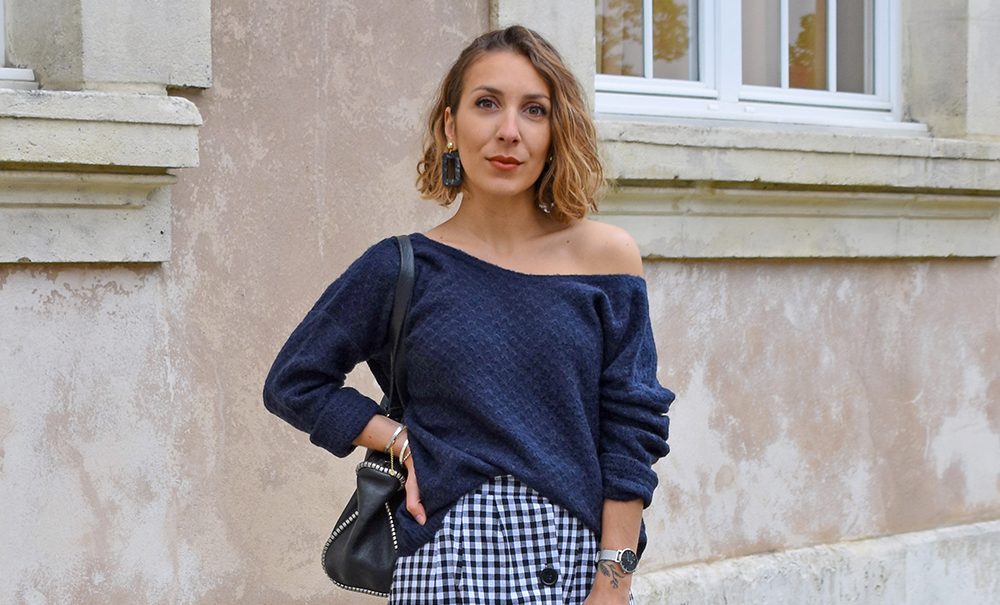 jupe midi vichy shein pull large marine soeurs chiffon la rochelle