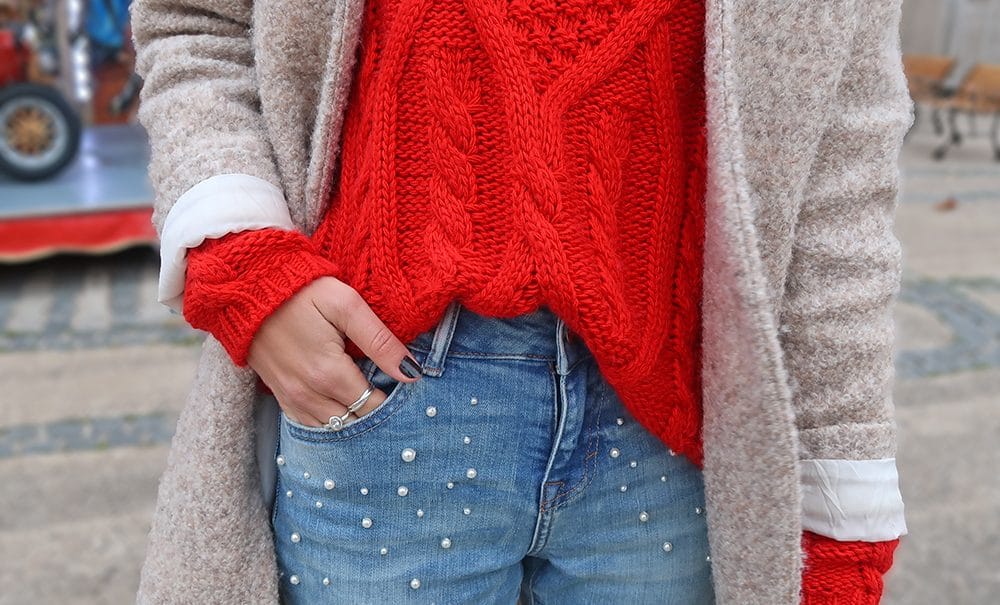 pull rouge maille cache cache jean perles