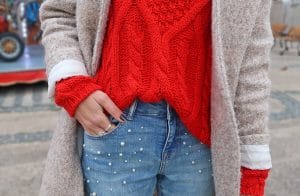 pull rouge maille cache cache jean perles